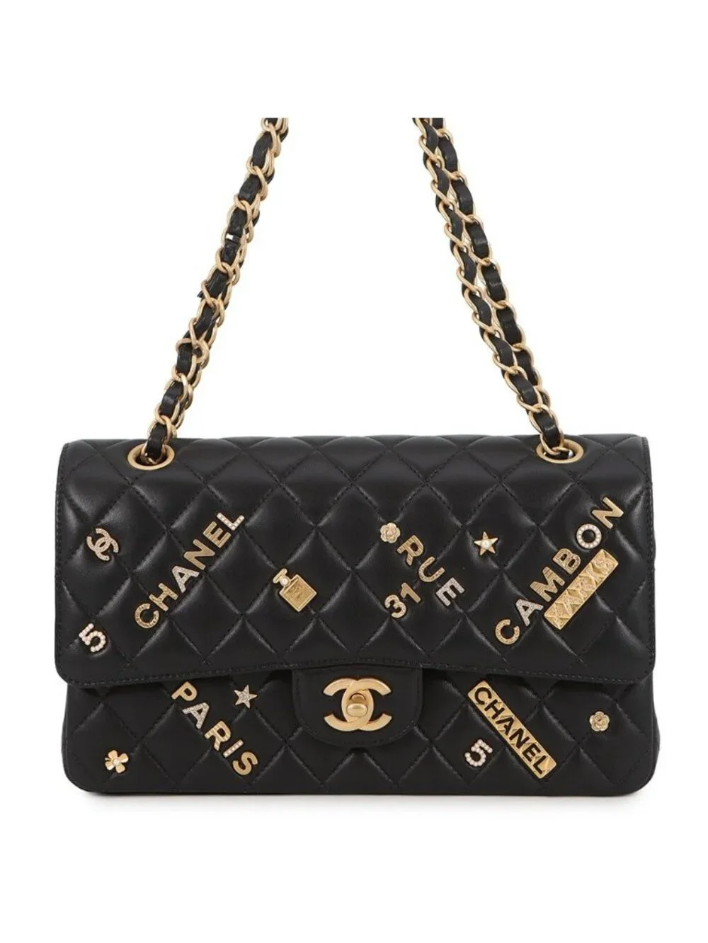 Chanel Chain Shoulder Bag Quilted 25 CC Logo Icon Charm Lambskin Double Black